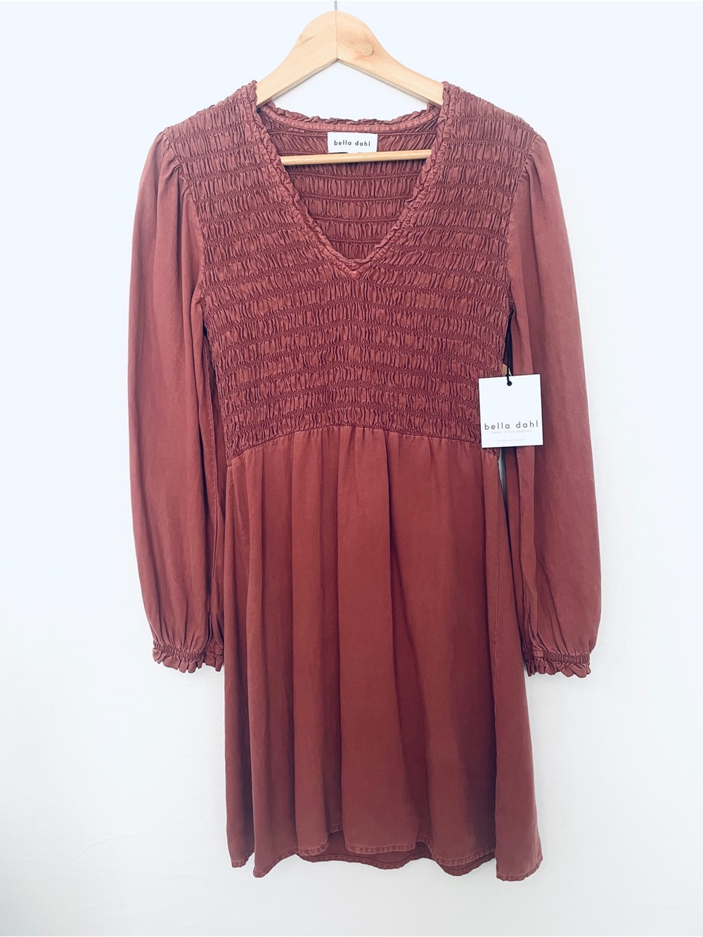 Bella Dahl Rust Smocked V-Neck Long-Sleeve Dress